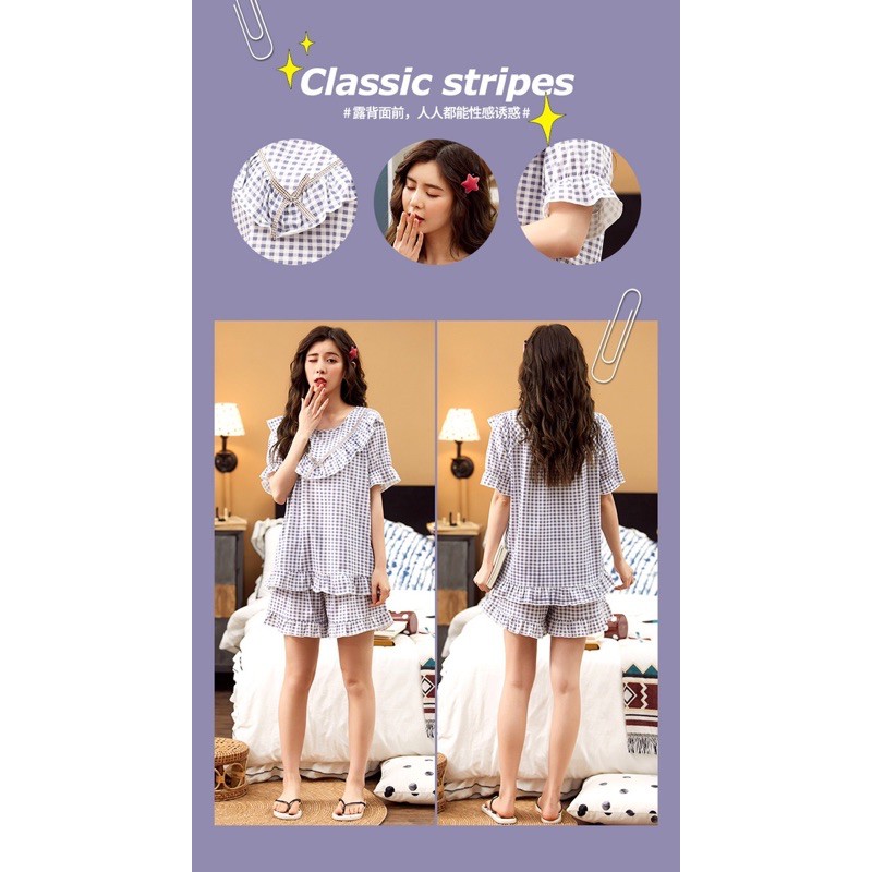 MS177 Bộ mặc nhà kẻ caro viền bèo Quảng Châu