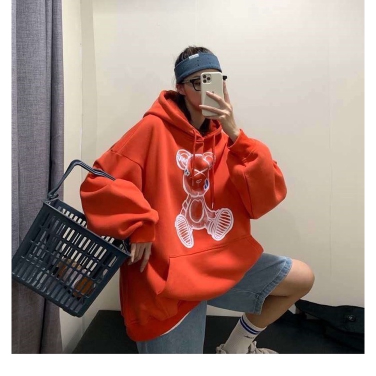 Áo Hoodie Nỉ Bông Unisex Tay Dài Túi Bụng Gấu Teddy