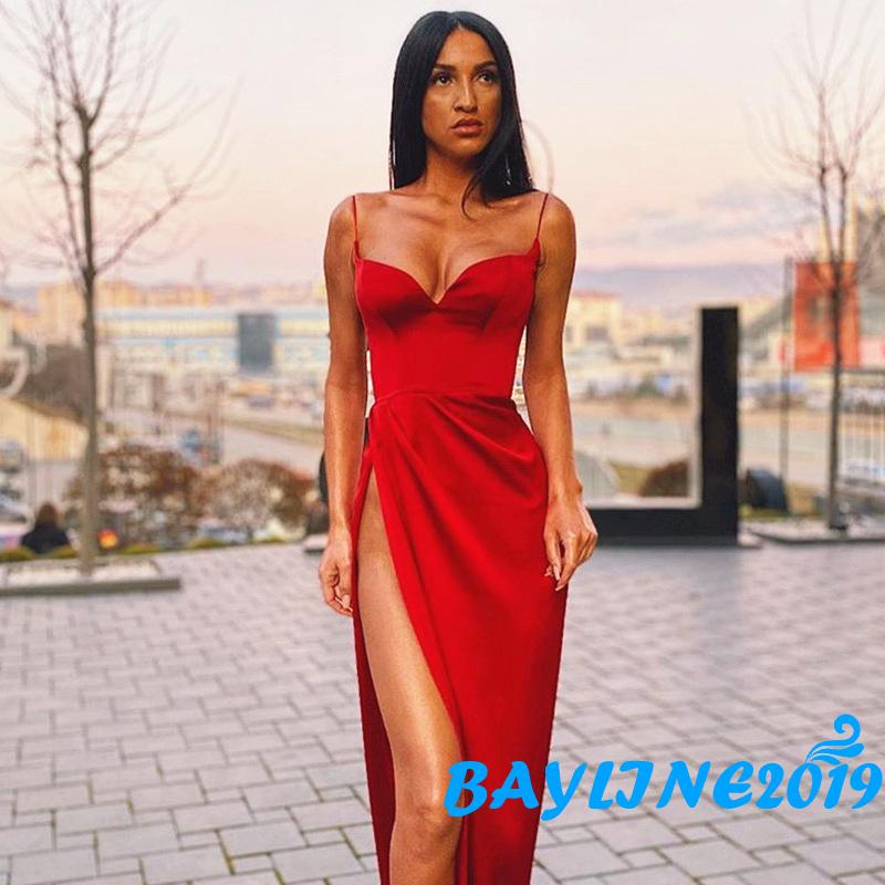 Đầm hai dây cổ chữ V màu trơn xẻ tà lưng cao có khóa kéo thời trang mùa hè dành cho nữ