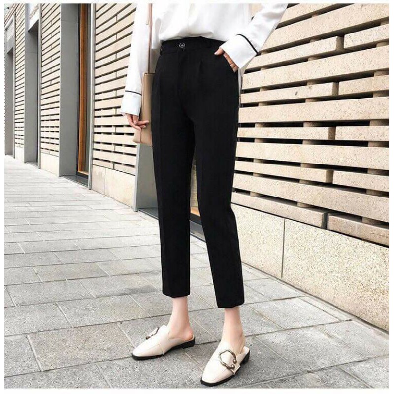 Quần tây đen nữ lưng thun phía sau dây kéo trước dáng baggy Marni