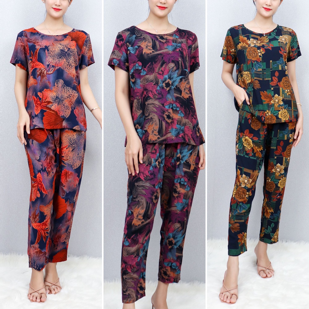 Bộ đồ quần áo lanh trung niên cho bà,cho mẹ mặc nhà quần dài ống nhỏ áo cộc tay mùa hè,đồ bộ cho người lớn tuổi mát B007