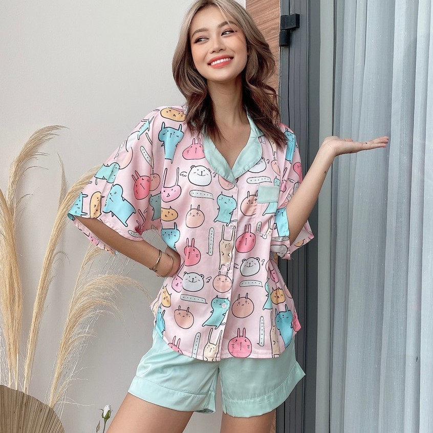 Bộ Lụa Cánh Dơi Họa Tiết Mặc Nhà