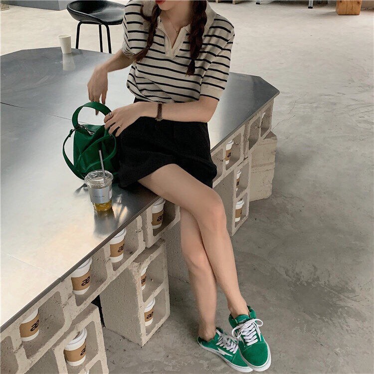 Áo len nữ ngắn tay cổ bẻ kẻ sọc ngang Thu ĐÔNG phong cách Hàn Quốc xinh xắn hàng Quảng Châu Loại 1 2021 K4-D7 | BigBuy360 - bigbuy360.vn