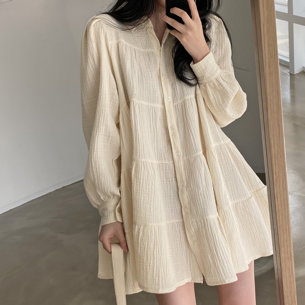 ĐẦM SƠ MI NỮ TAY DÀI DÁNG XOÈ NGẮN VẢI NHĂN TRƠN NHÚN NHIỀU TẦNG