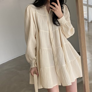 (ORDER) Váy sơ mi dáng babydoll xòe ngắn dập viền cổ V đơn giản nhẹ nhàng Hàn Quốc (HÀNG MỚI VỀ)