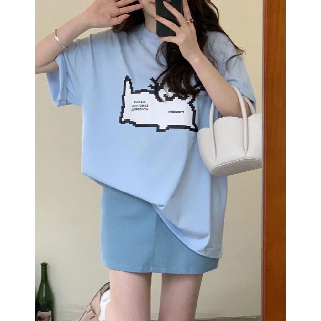 Áo Thun Tay Ngắn Cổ Tròn Dáng Rộng Vải Cotton In Họa Tiết Hoạt Hình Thời Trang Mùa Hè Cho Nữ