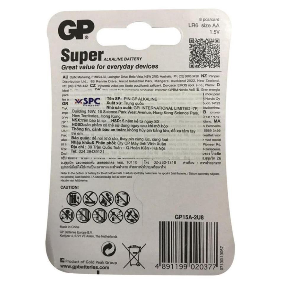 Vỉ 8 viên Pin Super Alkaline GP AA 1.5V GP15A-2U8