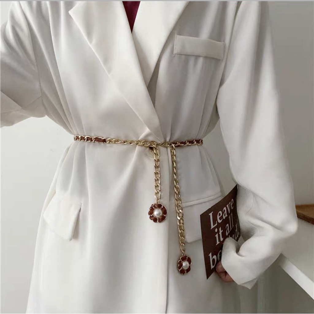 Đai váy belt xích phối da hoa ngọc trai hàng cao cấp loại 1