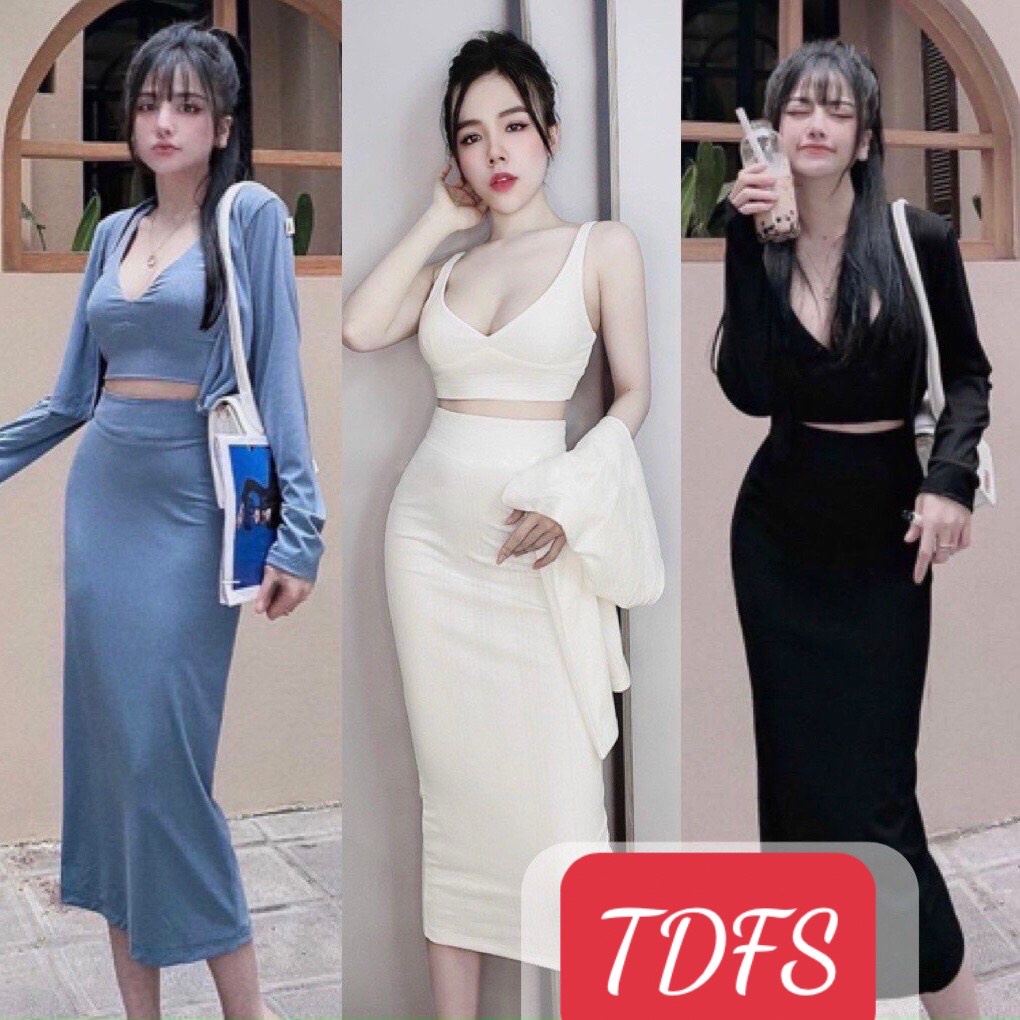 Set bộ 3 món gồm chân váy ôm Form dài + áo croptop 2 dây bo eo + áo khoác dài tay