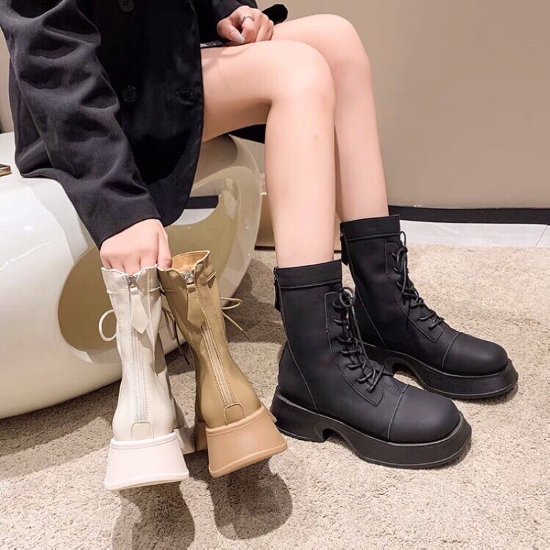 Giày bốt nữ cổ cao buộc dây cá tính hàng quảng châu hộp cam xả kho 150k