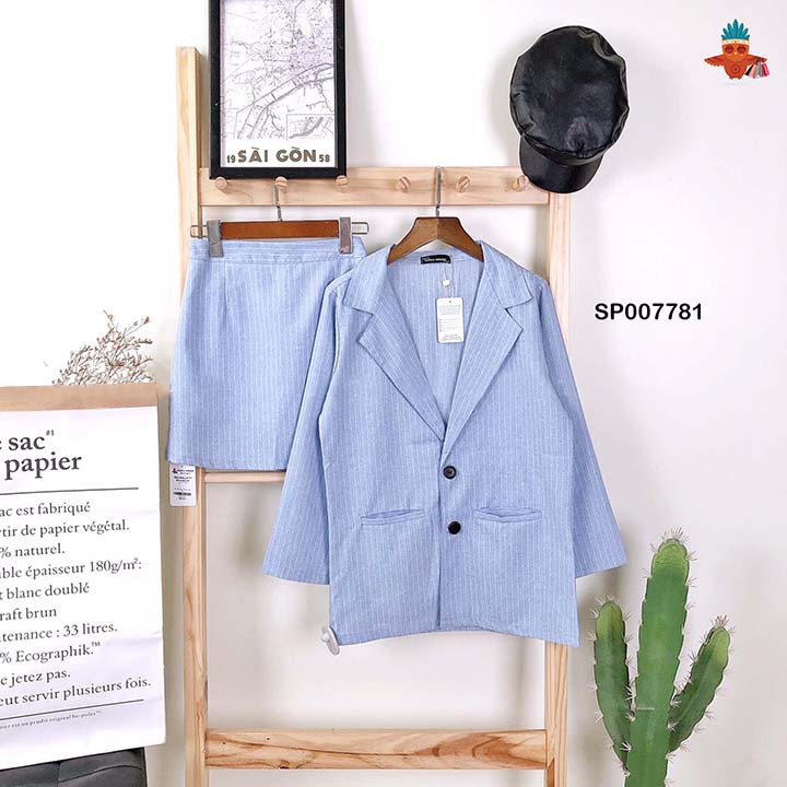 Set áo khoác vest sọc xanh biển phối chân váy lưng thun THOCA HOUSE 2 túi mổ đi làm, đi học freesize dưới 55kg | BigBuy360 - bigbuy360.vn