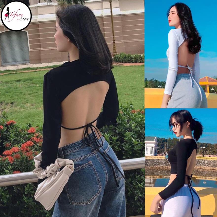 Áo Thun Hở Lưng Buộc Dây Phía Sau Có Kèm Dán Ngực Bigsize Chất Thun Lụa Màu Đen - HỞ LƯNG TAY DÀI ་
