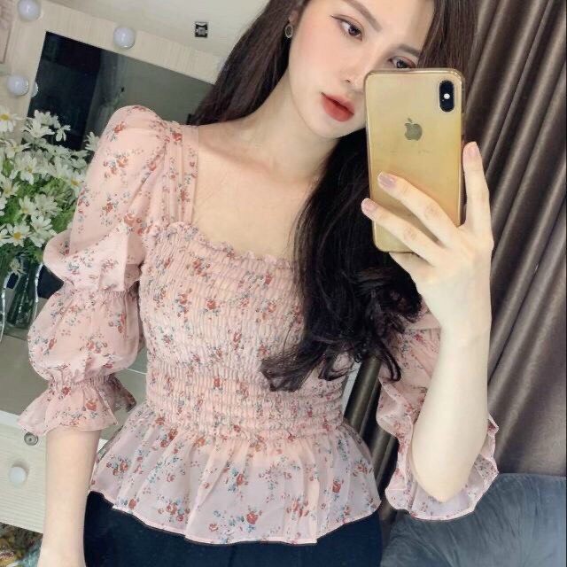 Áo chiffon tay phồng in hoa xinh xắn cho nữ thoáng mát thanh lịch, chất liệu tốt | BigBuy360 - bigbuy360.vn