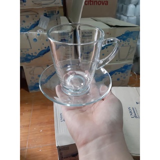 Bộ 6 cốc thủy tinh có quai + kèm đĩa uống trà nóng 330ml