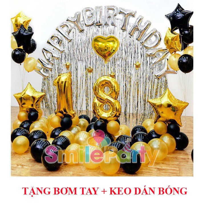 Set Bóng Sinh Nhật 2 Rèm Kim Tuyến, Bóng Chữ Happy Birthday Và 50 Bóng Nhũ (Tặng kèm bơm+keo dán)