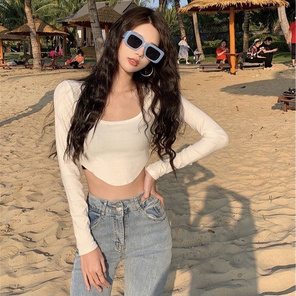 Áo Croptop Nữ Gân Tăm, Tay Dài Vạt Bầu - Tharo Clothing