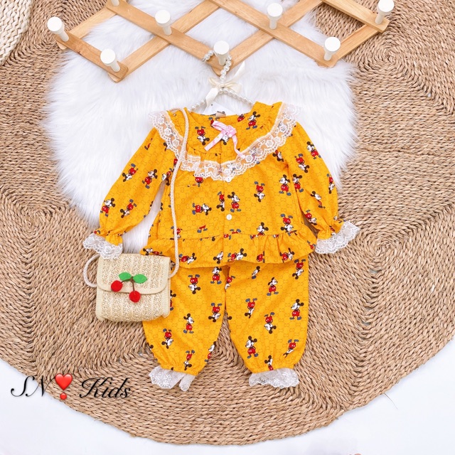 Bộ pijama thô phối ren ngực siêu chảnh cho bé gái - BPR