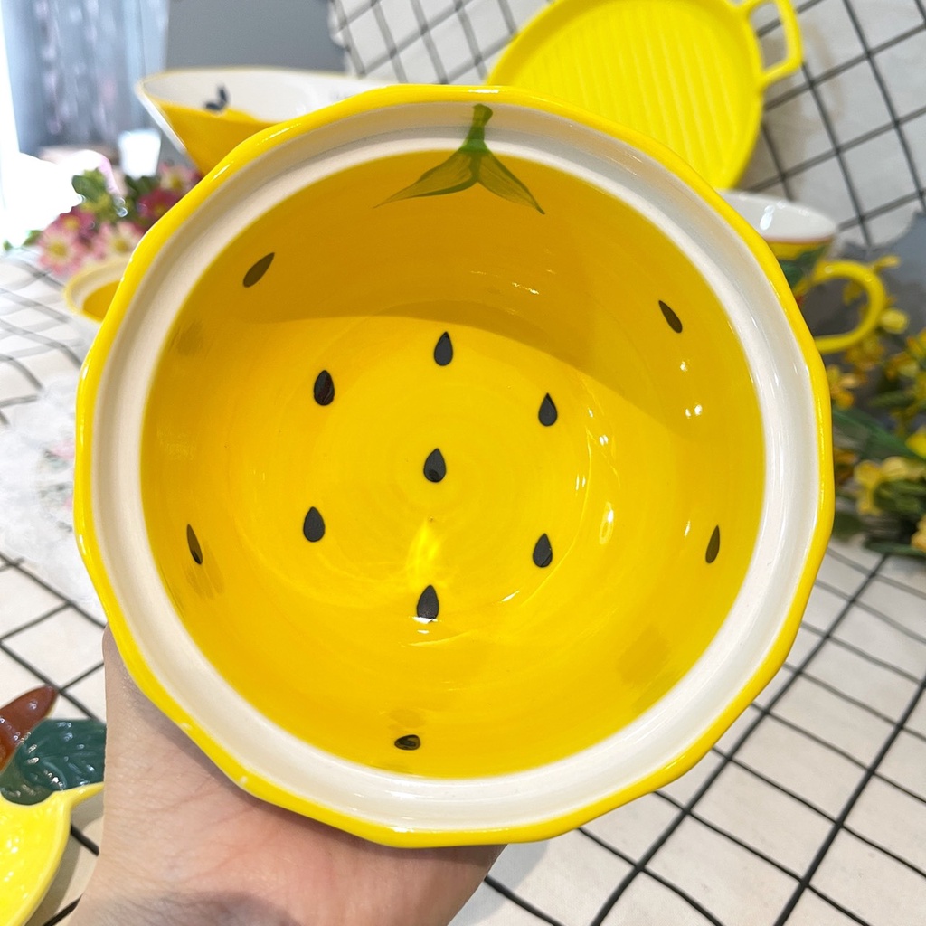 Bộ bát đĩa gốm sứ decor siêu đẹp set 7 món màu vàng trang trí đồ ăn