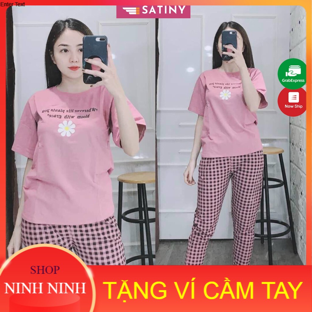 [Mua 1 Tặng 1] Đồ bộ nữ mặc nhà SATINY DB05 Đồ bộ thun Thêu Hoa Cúc mặc nhà cao cấp