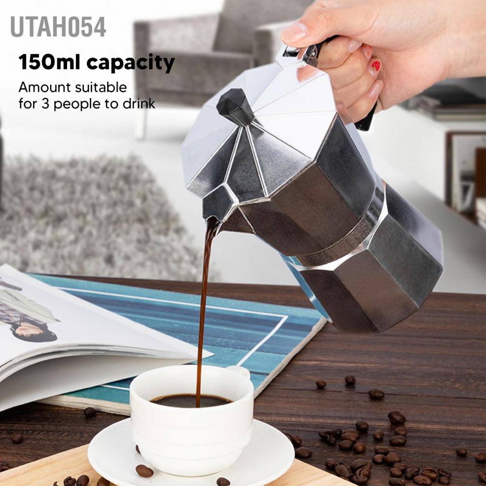 Utah054 Moka Pot 150ml nhôm bát giác gia dụng Sưởi ấm phong cách mộc mạc Bạc cắm trại pha cà phê cho văn phòng
