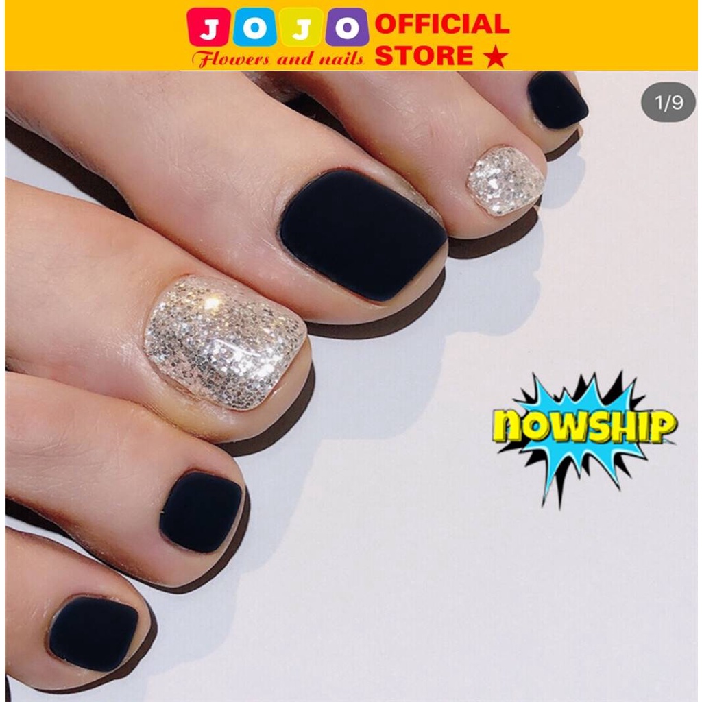 ❤️Set 24 móng chân giả đen nhũ bạc thiết kế sang chảnh Jojo J90 móng giả móng úp nailbox rẻ đẹp thời trang cao cấp❤️