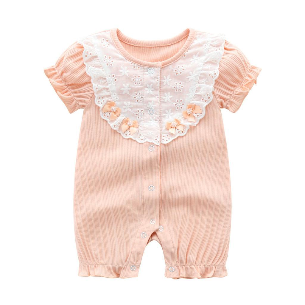 Bodychip áo liền quần sơ sinh cộc vạt nơ hồng cho bé gái Calcy Baby 016