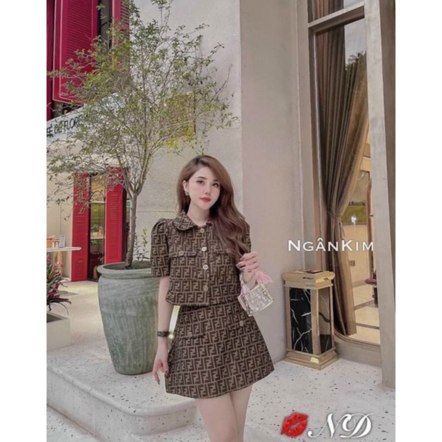 Sét váy nữ áo cổ sen tay ngắn phối nút (có lót) mix chân váy chữ A  họa tiết xinh xắn thời trang nữ công sở, dạo phố