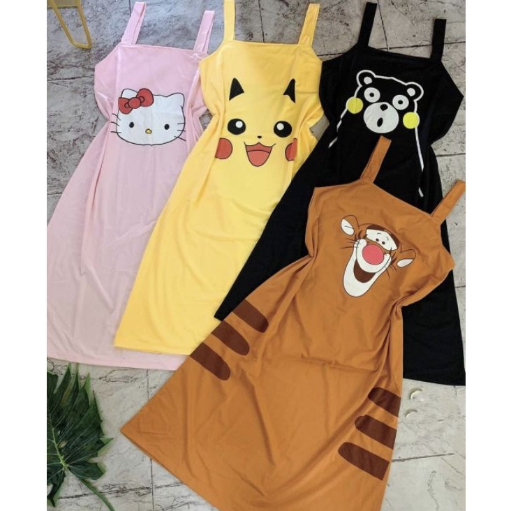 Đầm ngủ 2dây bản to, hình con gấu, pikachu, báo cam, kitty siêu dễ thương mát mịn