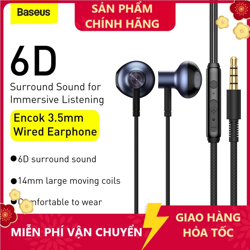 Tai Nghe Chính Hãng BASEUS có dây 6D Stereo H19 Bass Mạnh 3.5mm, Siêu Đẹp, Bền Có Micro, Nghe Nhac Cực Hay, Học Online