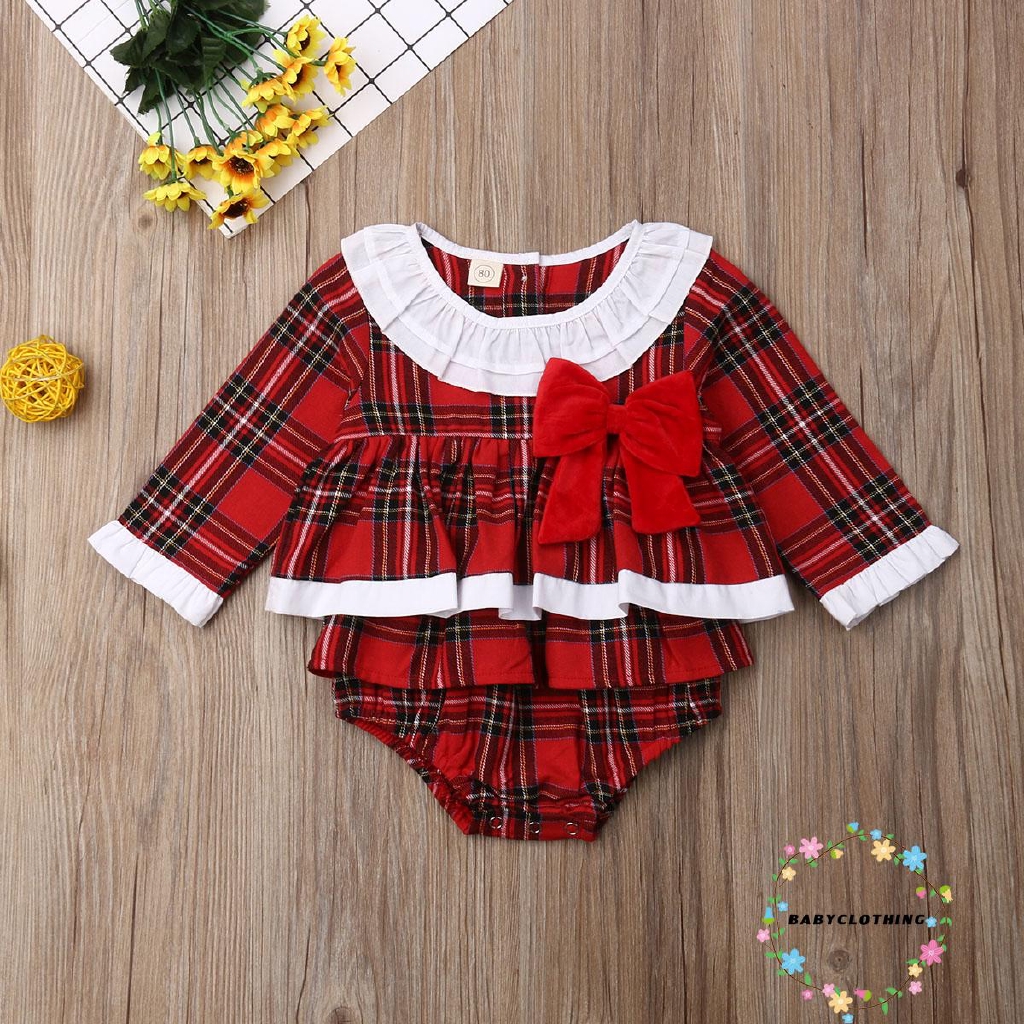 Áo liền quần dạng đầm tay dài họa tiết caro màu đỏ xinh xắn cho bé gái