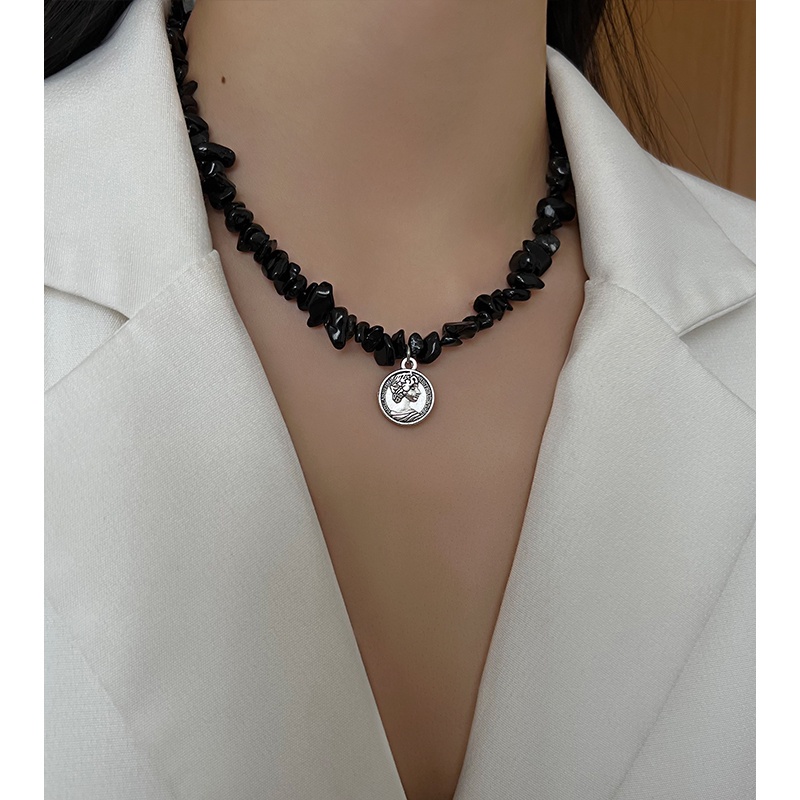 Vòng cổ Mặt Tròn Màu Đen Phong Cách hip hop Thời Trang