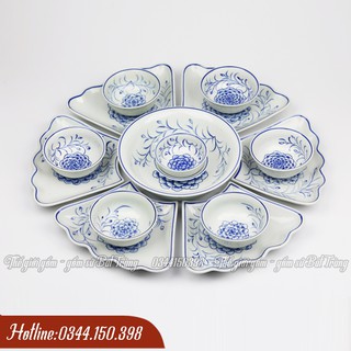 Bộ Bát Đĩa Hoa Mặt Trời Bát Tràng Men Ngọc/Khử sạch chì và kim loại nặng/ Hoa Phù Dung Vẽ Tay