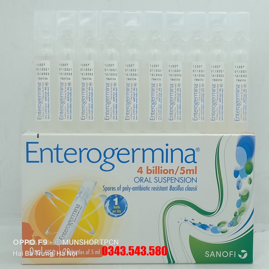 Men vi sinh Enterogermina hộp 20 ống chứa 4 tỉ bào tử Bacillus clausii mỗi ống 5ml