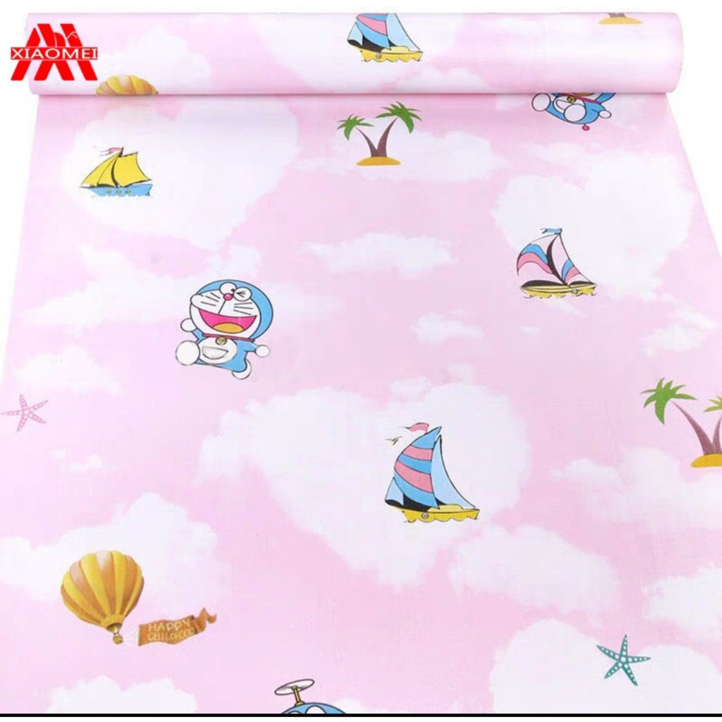 Decal giấy dán tường đô rê mon bầu trời hồng khổ 45cm keo sẵn