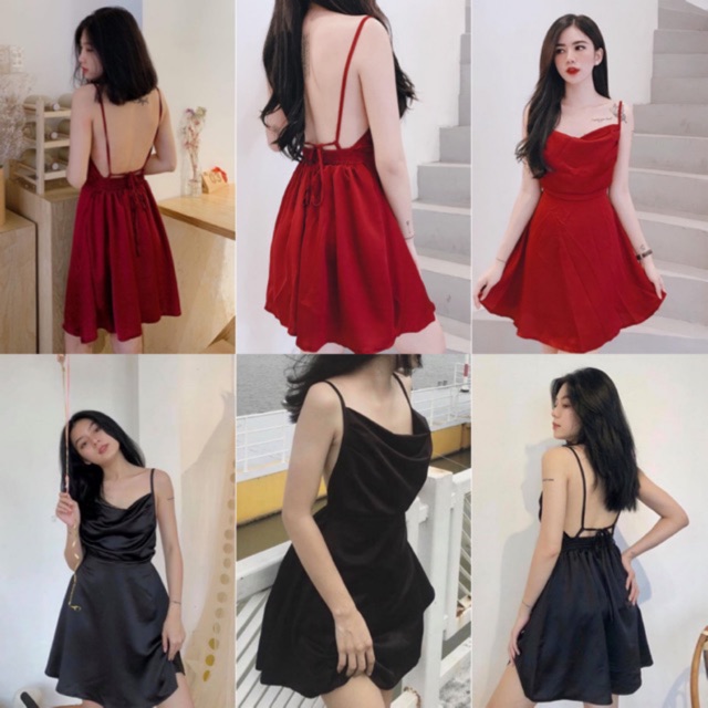 Đầm Đen Gold Dress sang chảnh quyết ru vải lụa mịn - váy ôm hai dây hở lưng from chuẩn