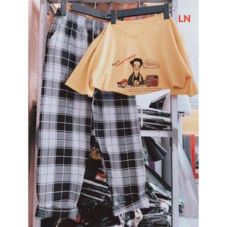 Set áo phông cotton và quần caro