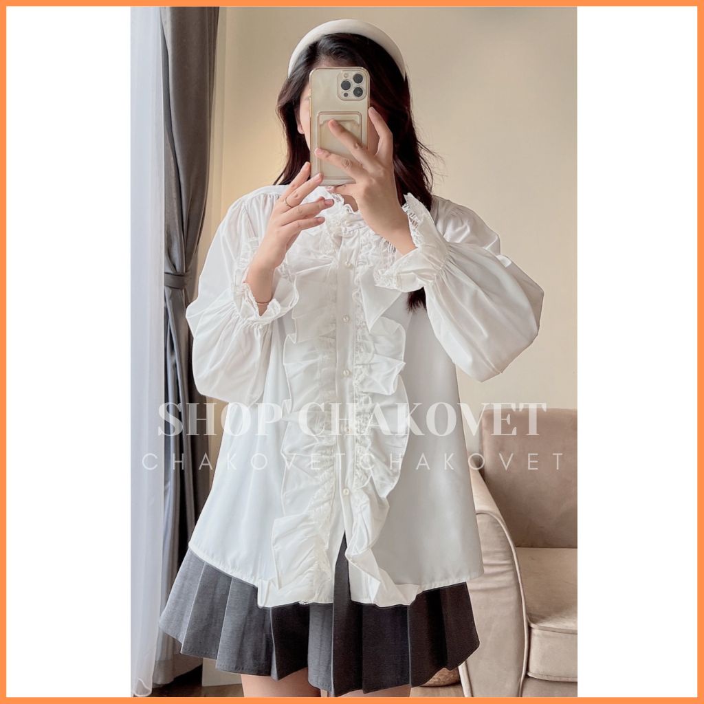 Áo sơ mi tay bồng phối ren công chúa A8469 Áo kiểu bèo dài tay khuy ngọc trai 2 lớp cao cấp Mĩ viền ren hoa siêu xinh