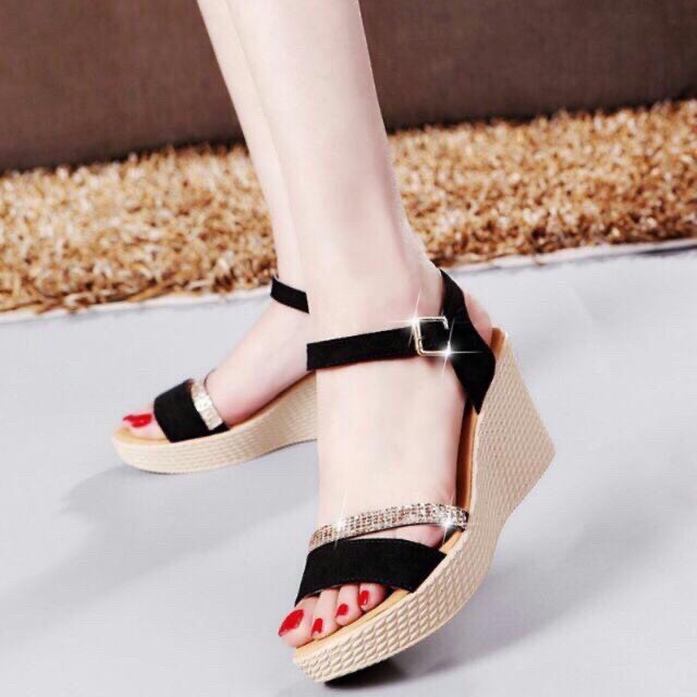 Giày Sandal cao gót đế xuồng 9cm bản đen phối xoàn