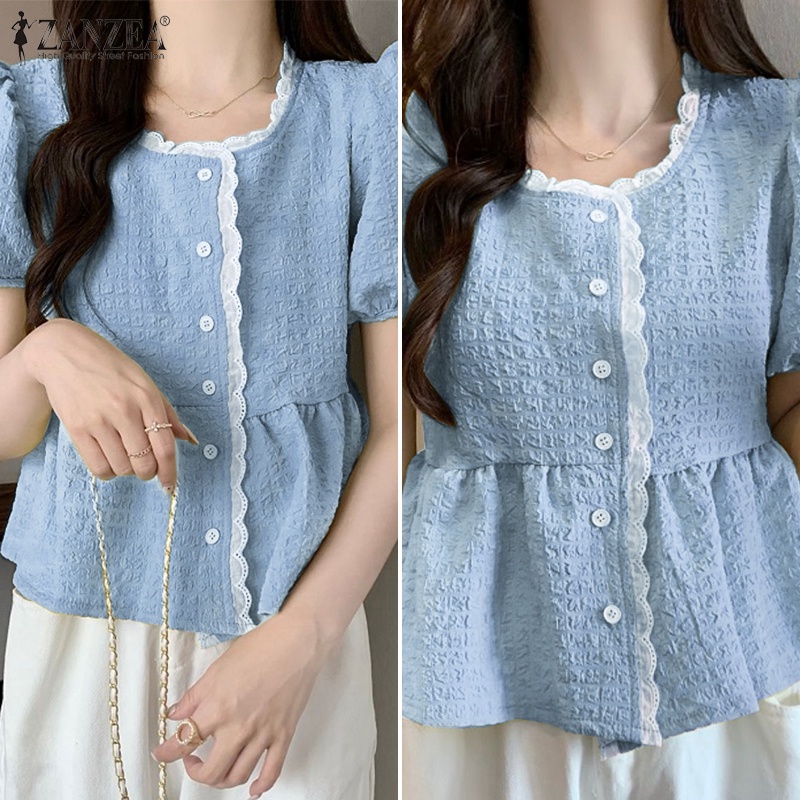 Áo peplum Zanzea tay phồng cổ tròn cài nút thời trang cho nữ