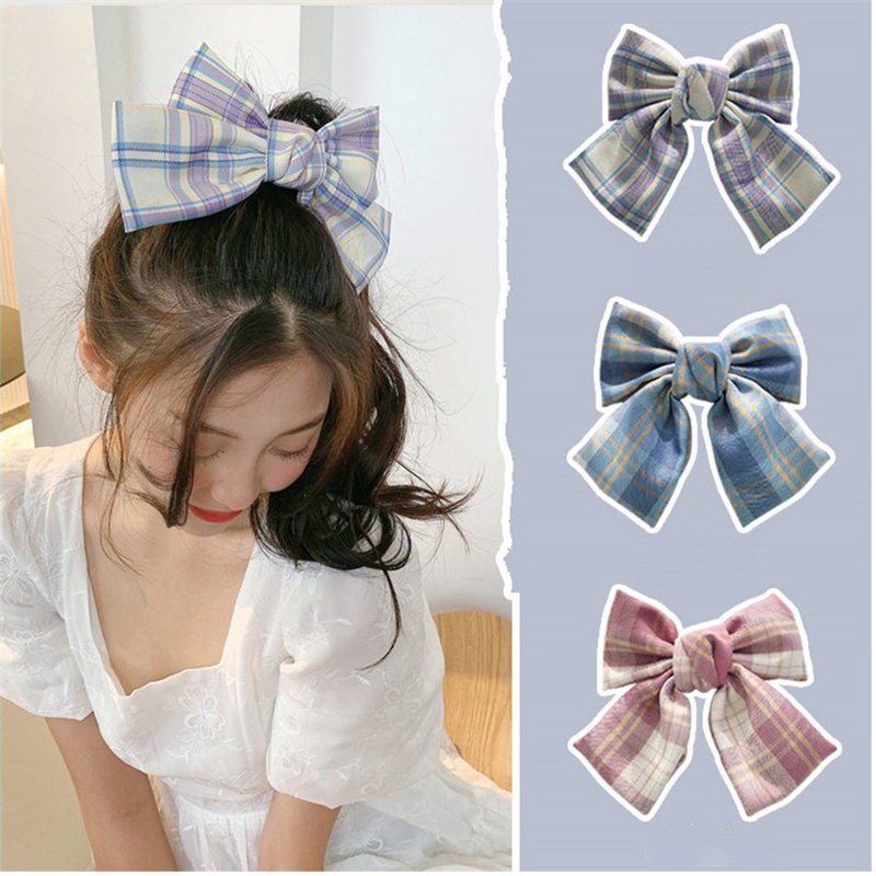 Kẹp tóc mỏ vịt đính nơ họa tiết sọc ca rô phong cách Hàn Quốc xinh xắn thời trang