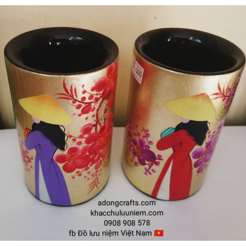 Hũ cắm bút Sơn mài hình cô gái Áo dài nón lá