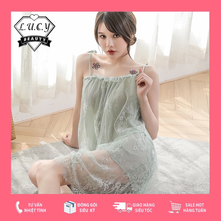 V03- Set váy ngủ 2 dây dáng xuông suông ren sexy cao cấp Đầm mặc nhà gợi cảm quyến rũ
