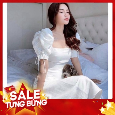 -Hàng nhập khẩu Đầm dài 2 lớp cổ vuông tay bánh mì rút nơ - Mama Dress Liên hệ mua hàng  084.209.198