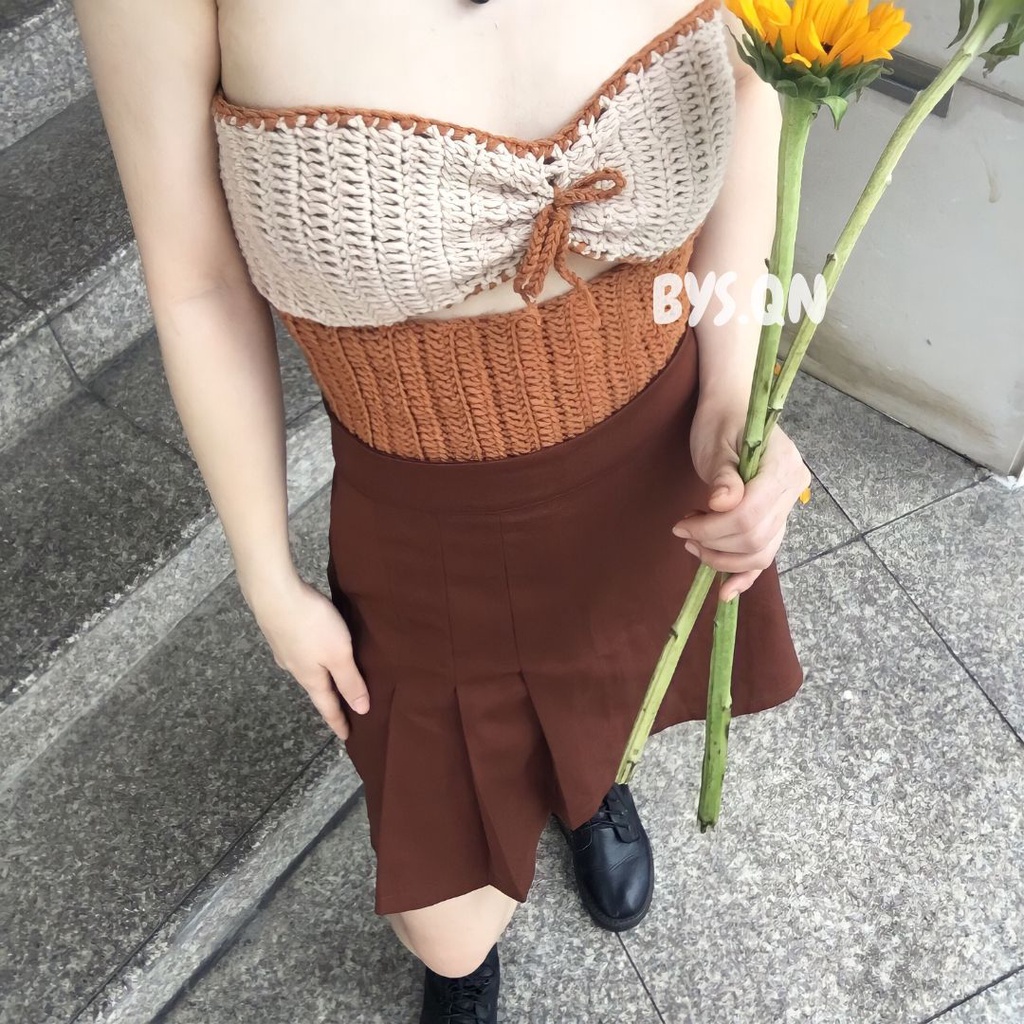 Áo len đan cột nơ phía trước phối hai màu kiểu dáng corset "pansy top"