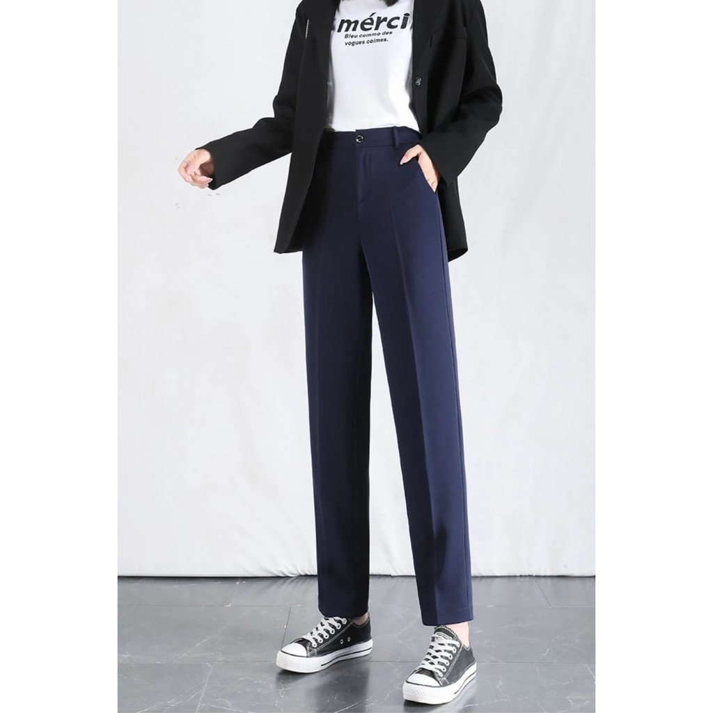 Quần tây baggy nữ công sở lưng cao vải mềm màu đen ghi dáng dài Quần ống đứng bigsize cho học sinh - Mặc đi học đi làm