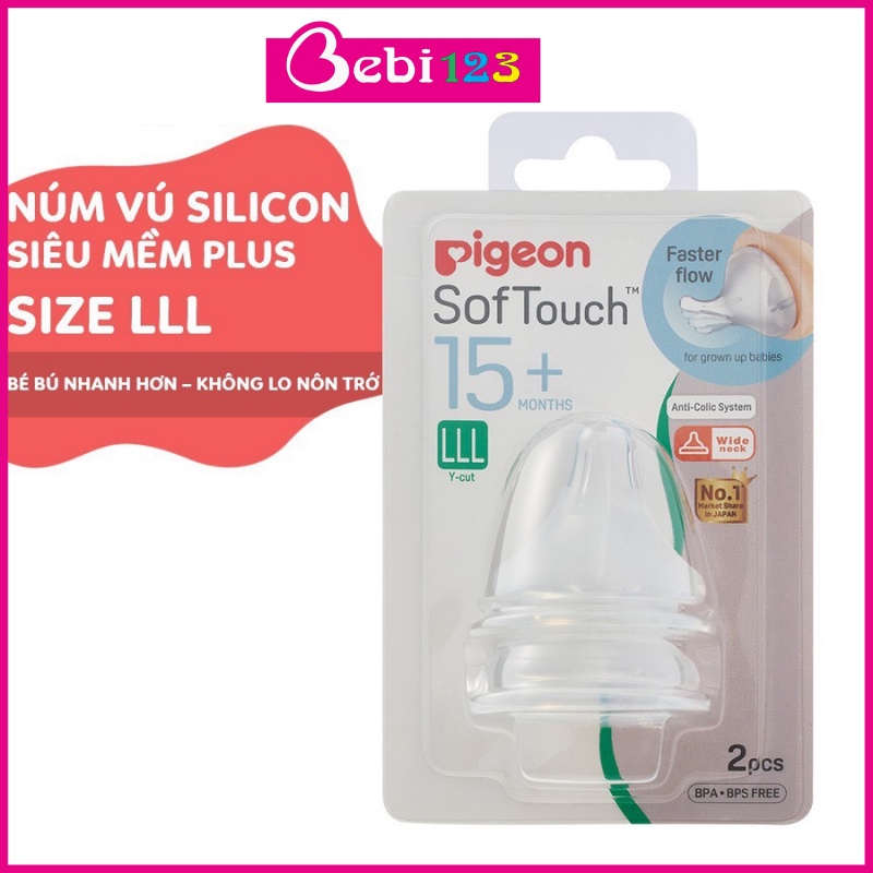 (Chính Hãng) Set 2 núm ty vú Pigeon Plus cổ rộng silicon siêu mềm size S, M, L, LL, LLL cho bé