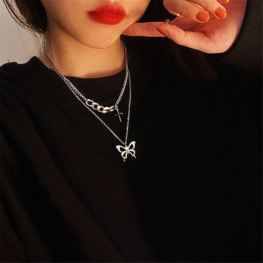 Set 2 Vòng cổ Hai Lớp Mặt Thánh Giá Phong Cách Hiphop Thời Trang Cho Nữ