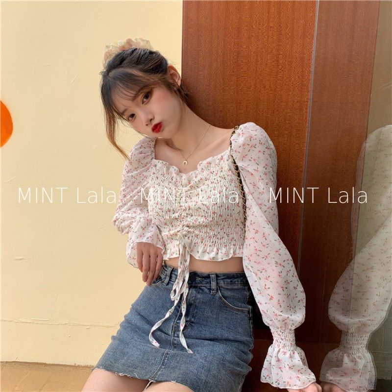 Áo Croptop Dài Tay Hoa Nhí Dây Rút Mặc 2 Kiểu