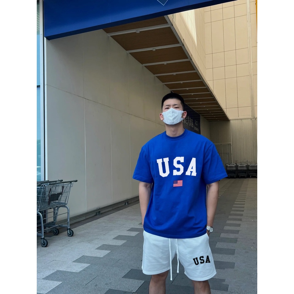 Áo thun XANH DƯƠNG tay lỡ USA Mỹ Cotton 100%