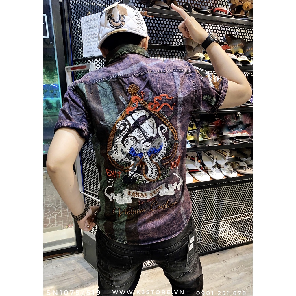Áo sơ mi tay ngắn nam was mốc caro, chất kaki dày dặn thêu quái vật biển sea ​​monster chính hãng K3 STORE SN1075